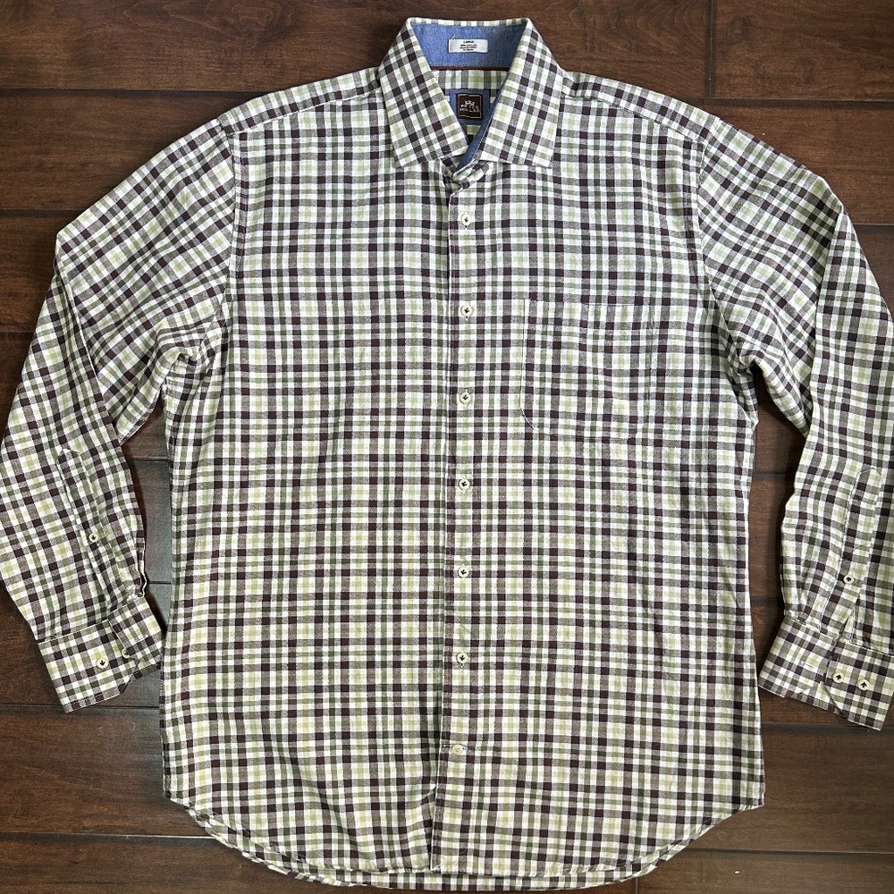 Peter Millar Men's Brown Green Plaid Long Sleeve Button Down Shirt